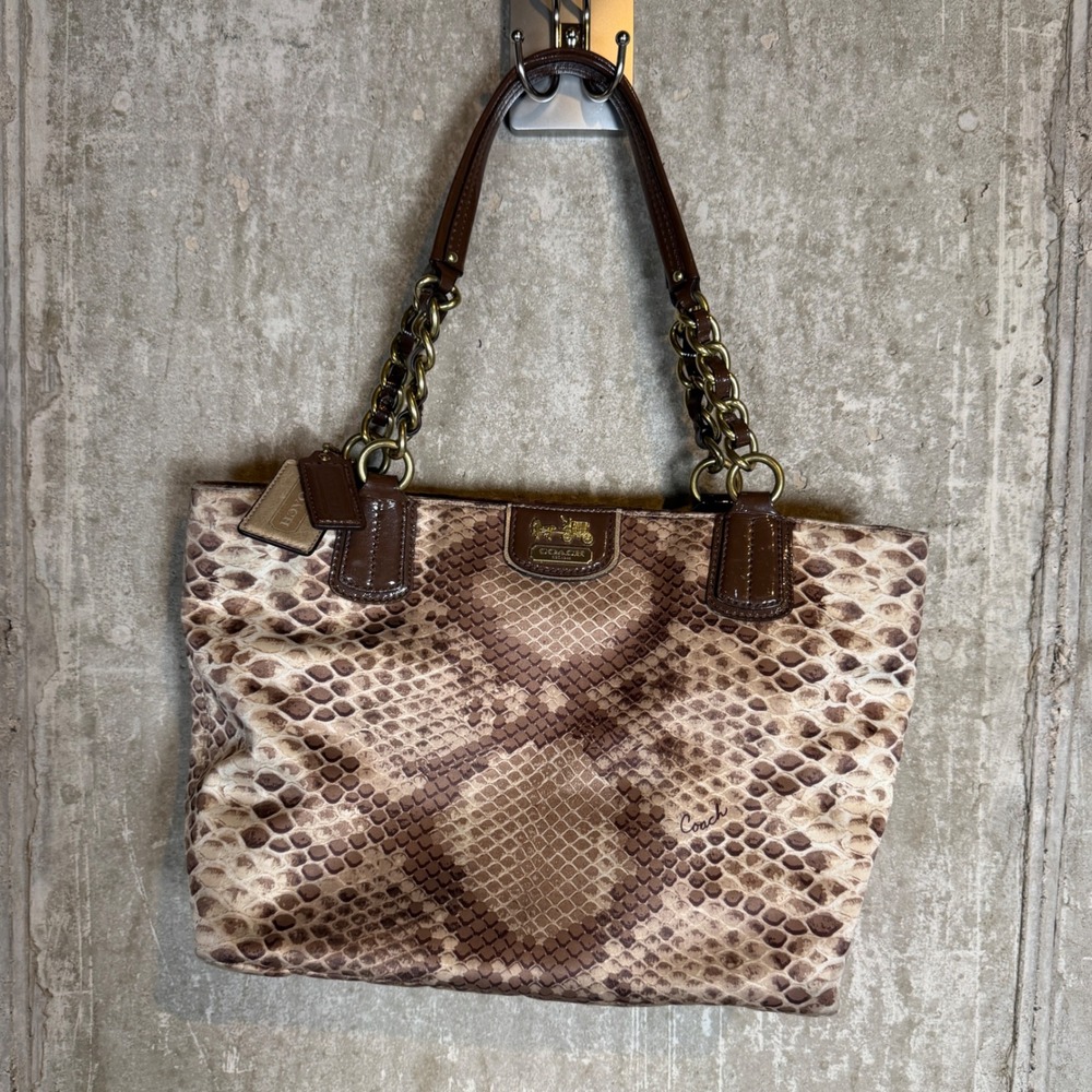Rare 00's Coach Python Snake Print Tote Brown Leather Gold Chain Bag 20482